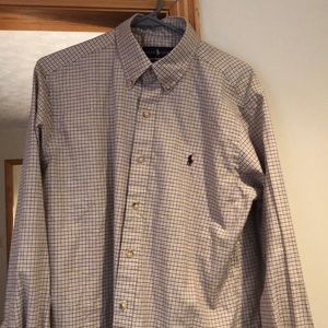 Long sleeve beige button up polo with stripes